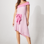 LE TACHA Two-Tones off-shoulder dress Peony petal เดรสโอบข้างเดียวดอกไม้ ปลายกระโปรง ไล่เลเยอร์สไลด์ เฉียง สี pink ชมพู