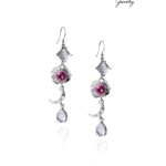 Crescent Peony Spell Earrings – Pink Topaz and White Topaz with Crescent Moon LE TACHA Peony Earrings – Celestial Design with Diamond Star and Moon Charms Feminine Moon and Peony Flower Earrings by LE TACHA ต่างหู LE TACHA สไตล์ดอกโบตั่น เด่นพิงค์โทพาส และไวท์โทพาส